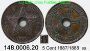 Belgian Congo Belgisch Kongo 5 Centimes KM3 1887 überprägt mit 1888 . 148.0006.20