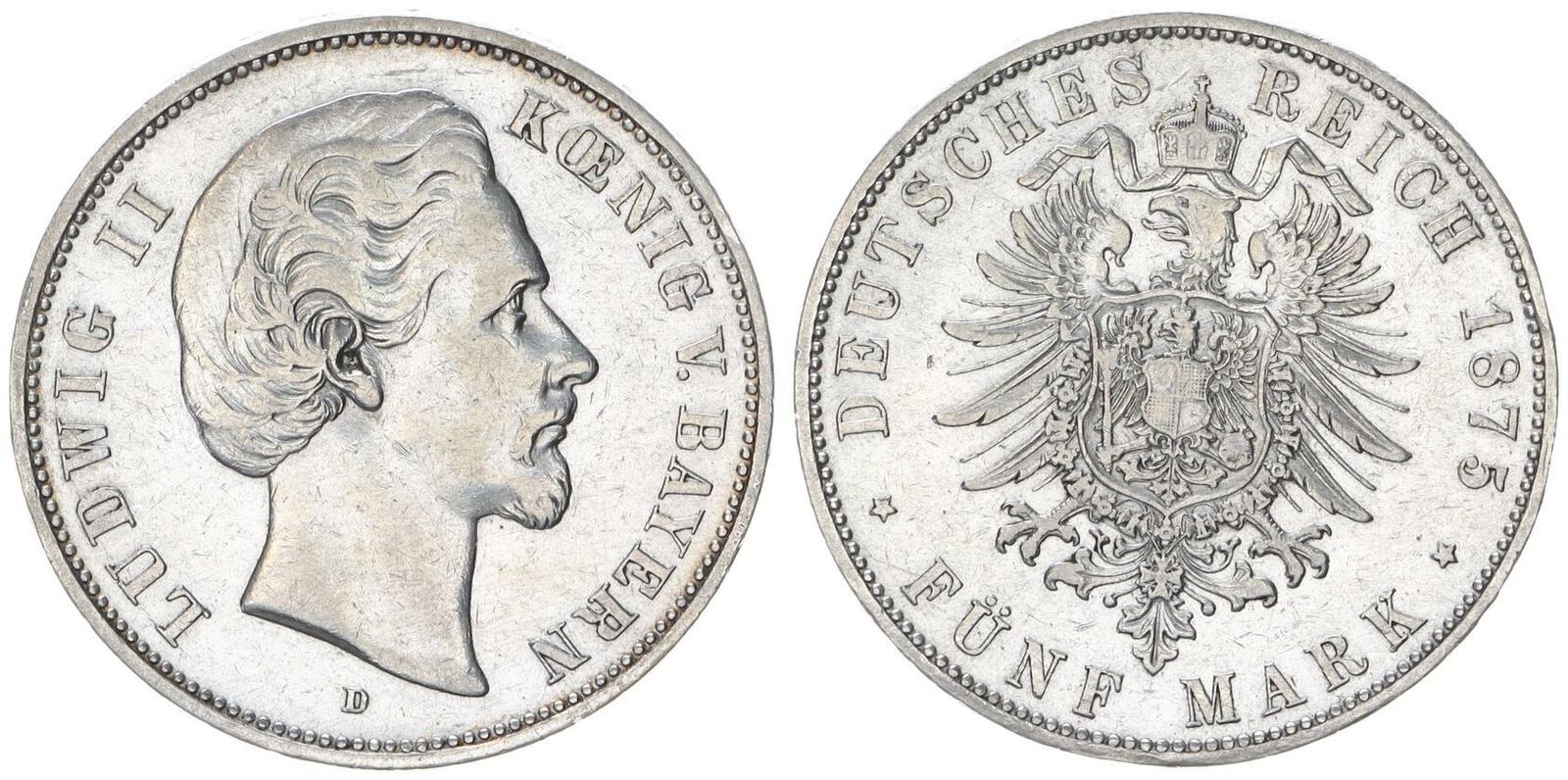 Deutsches Kaiserreich Bayern 5 Mark 1875 D Ludwig II Gutes Ss MA Shops