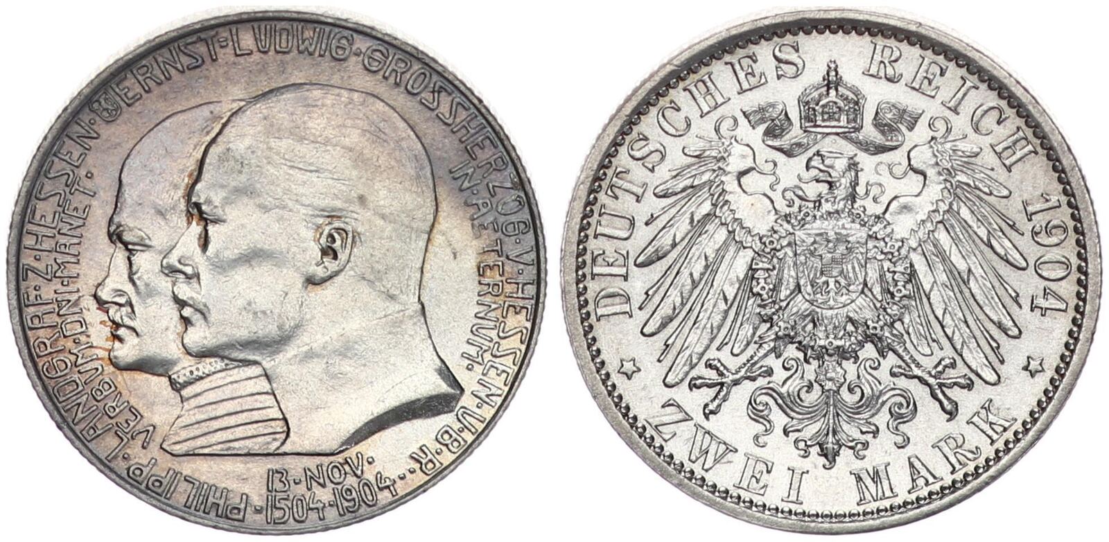 Hessen Deutsches Kaiserreich 2 Mark 1904 Großherzogtum 2 Reichsmark