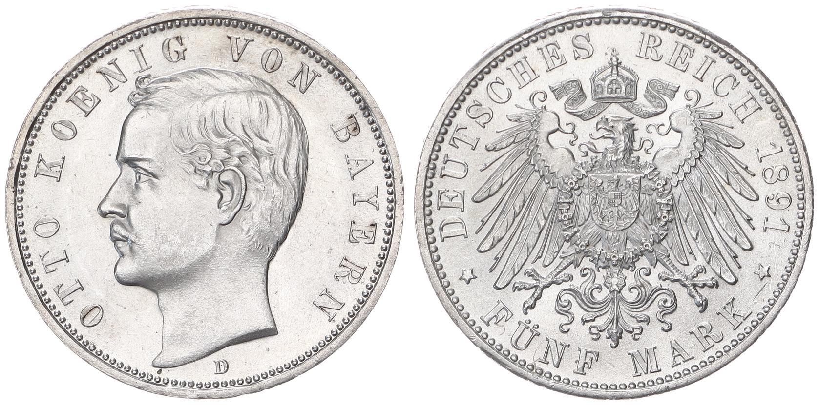 Deutschland Kaiserreich Bayern 5 Mark 1891 D Otto Besseres Jahr