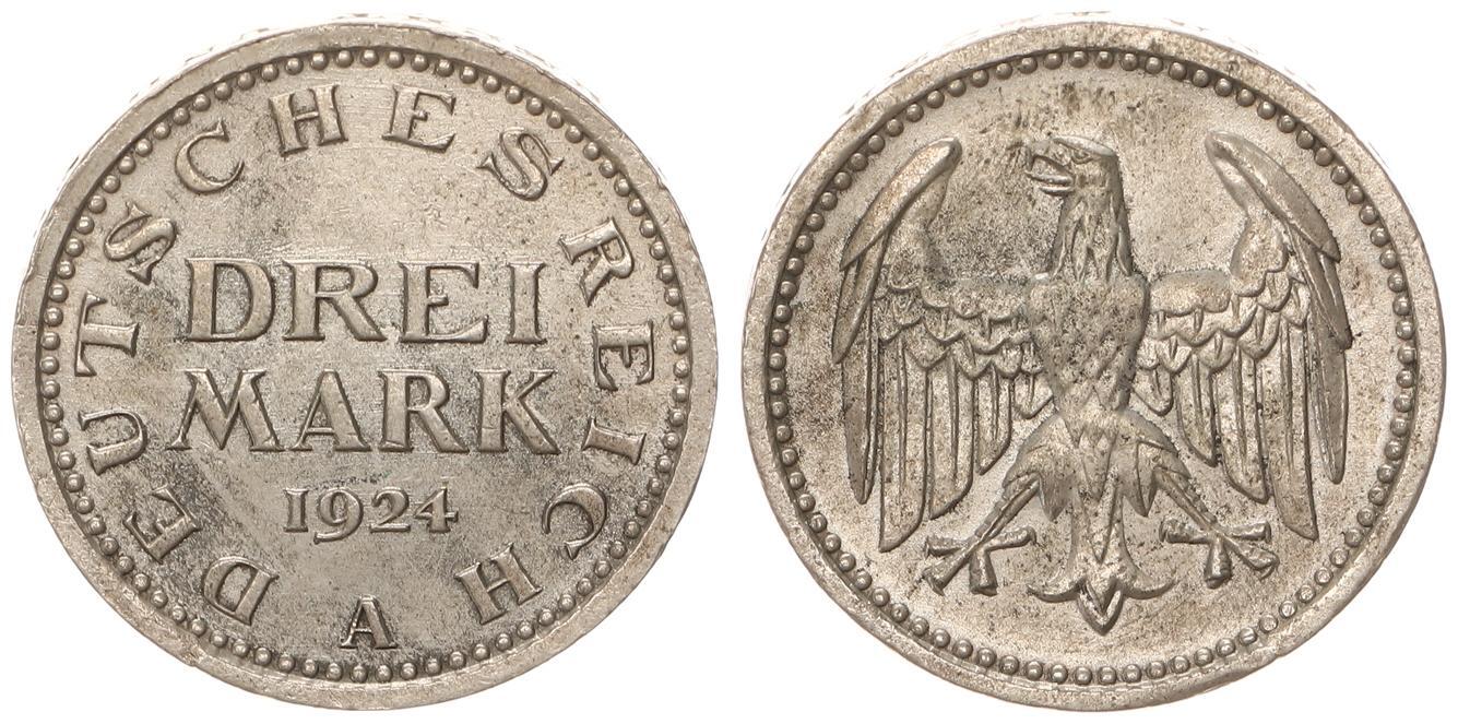 Deutschland WEIMAR 3 Mark 1924 A Fehlprägung J 312 Rändelungsfehler