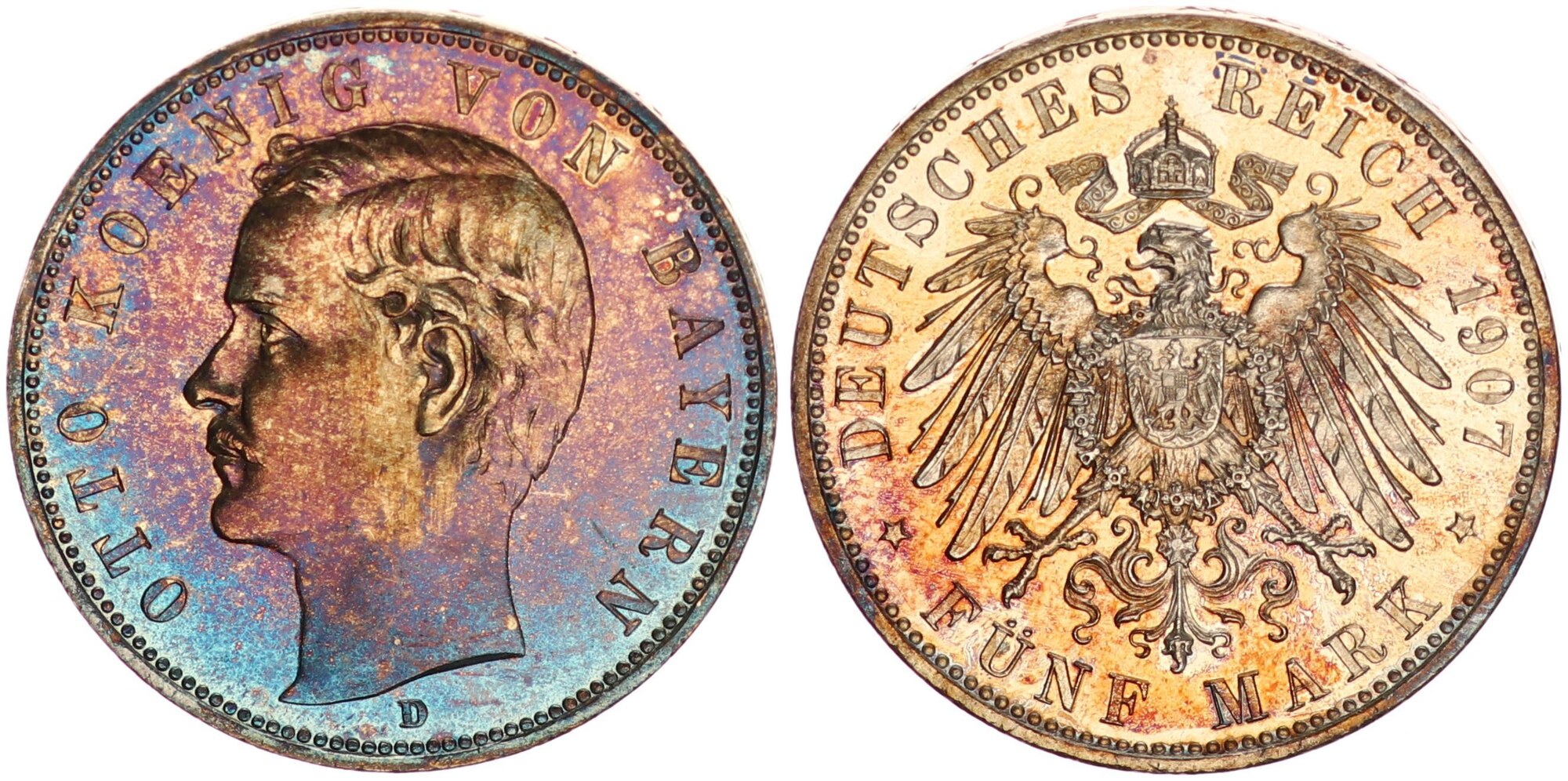 Bayern Deutsches Kaiserreich 5 Mark 1907 D König Otto PP herrliche