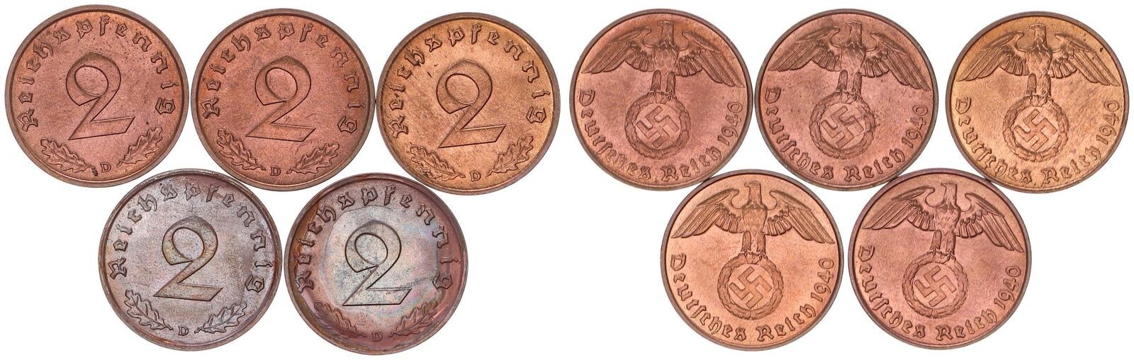 Deutschland 3 Reich 2 Pfennig 1940 D Lot mit 5 Münzen prägefrisch