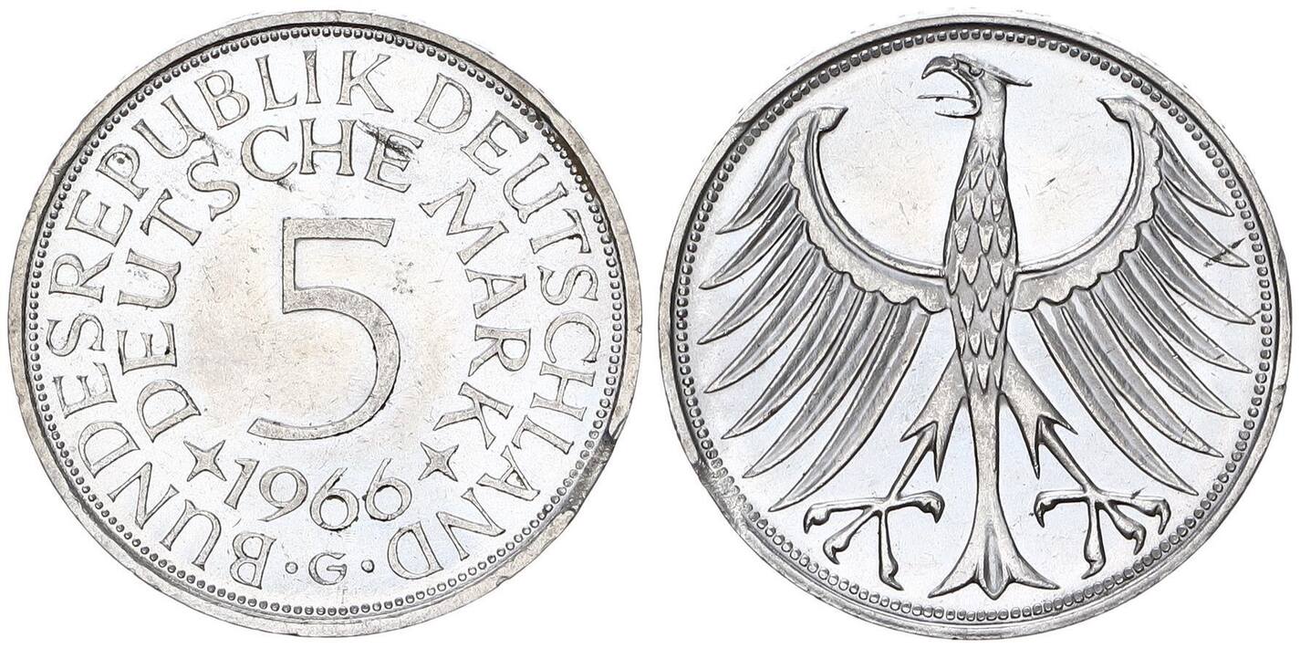 Deutschland 5 Mark 1966 G Fehlprägung kleines Zainende vz st MA Shops