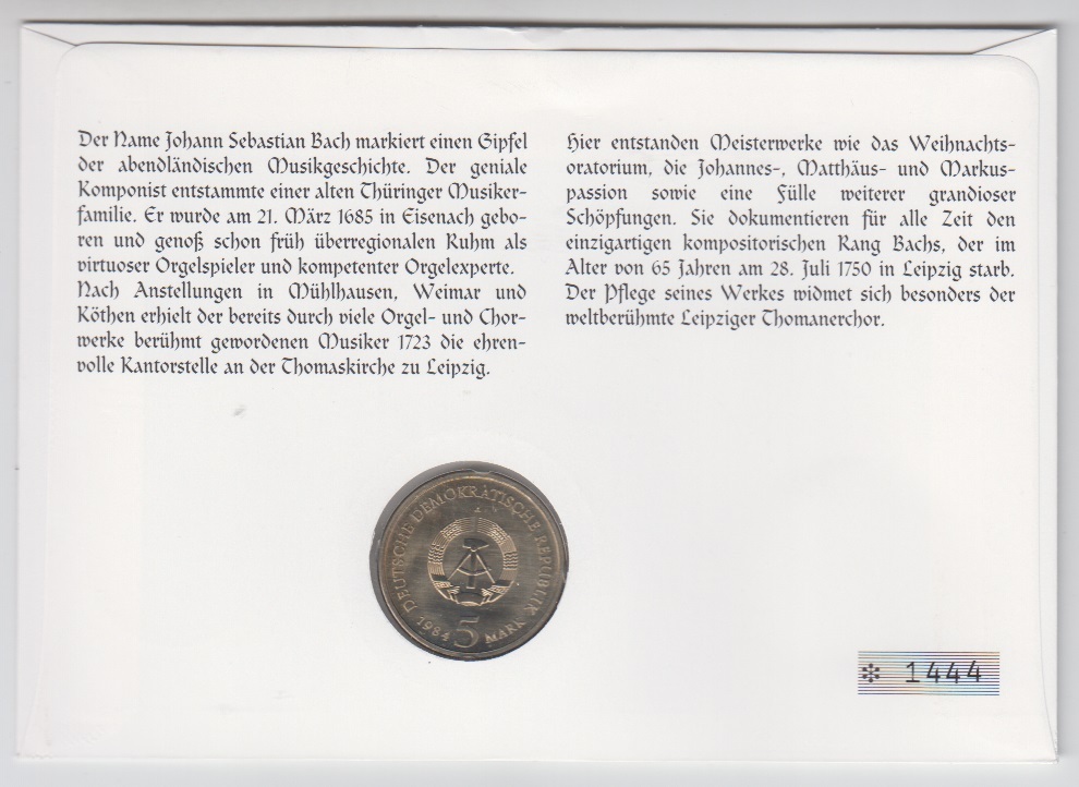 1984 1994 Deutschland Leipzig Numisbrief mit 5 Mark DDR Münze siehe