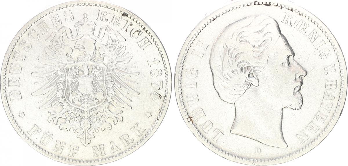 Deutsches Kaiserreich Bayern 5 Mark 1874 D 5 Reichsmark Ludwig II