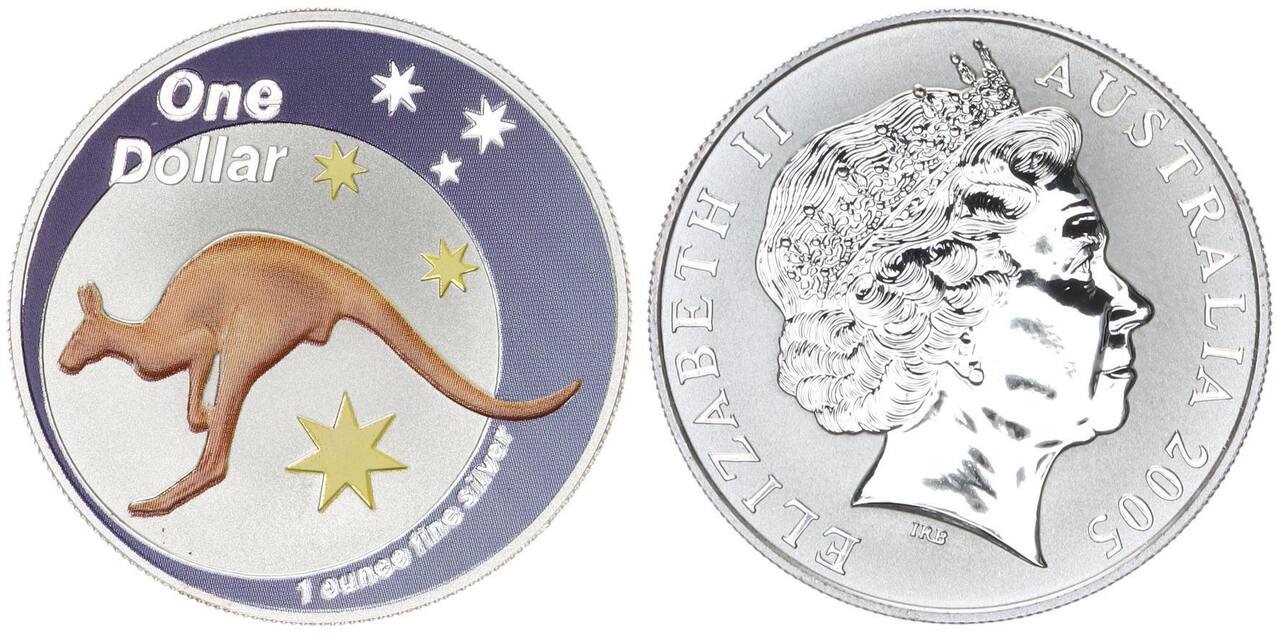 Australien 1 Dollar Silber 1 Unze 2005 Känguru in Kapsel Farbmünze