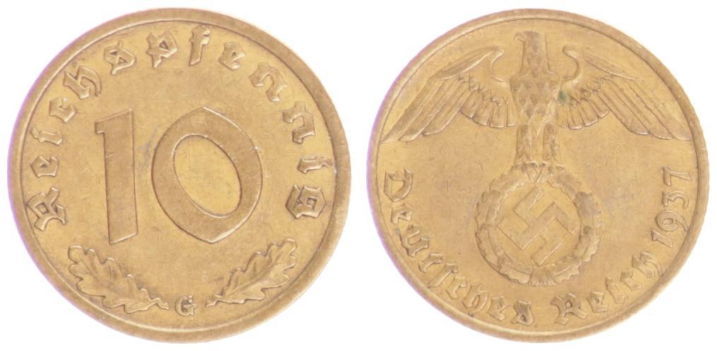 Deutschland Drittes Reich 10 Pfennig 1937 G seltenes Münzzeichen ss