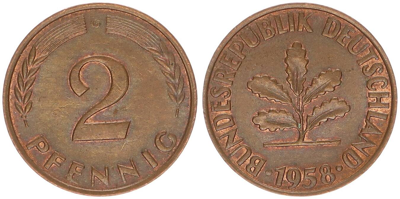 Deutschland BRD 2 Pfennig 1958 G Vz Kupfer Patina MA Shops