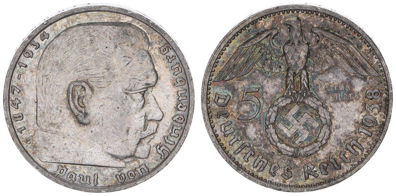 Drittes Reich Deutschland 5 Mark 3 Reich 5 Reichsmark 1938 E Paul