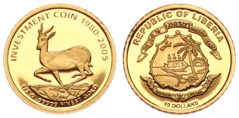 10 Dollar 0 5 G Gold 2003 Liberia 1 2 Gramm Gold Springbock Krugerrand