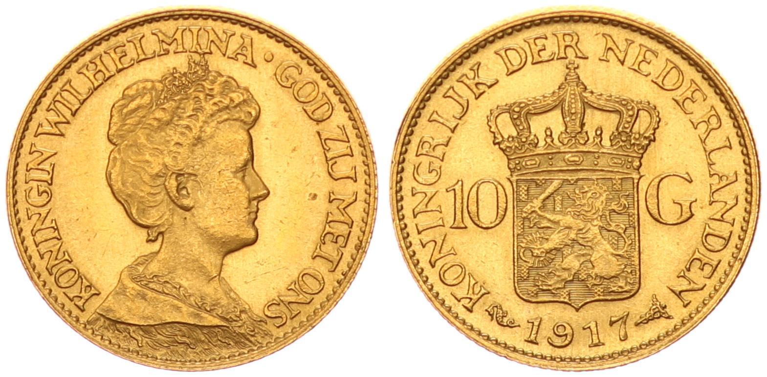 Niederlande 10 Gulden Gold 1917 Wilhelmina Vz MA Shops