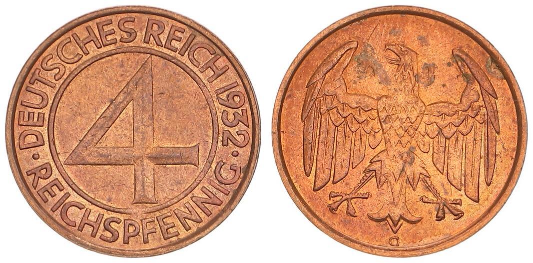 4 Pfennig Weimar J 315 4 Reichspfennig 1932 G Vz St Prfr Kupferpatina