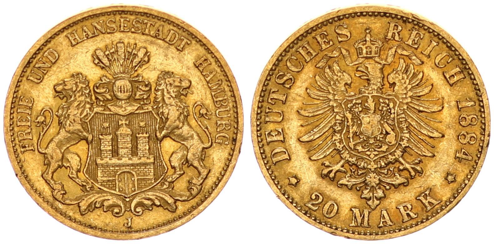 Hamburg Deutsches Kaiserreich 20 Mark Reichsmark Gold 1884 J