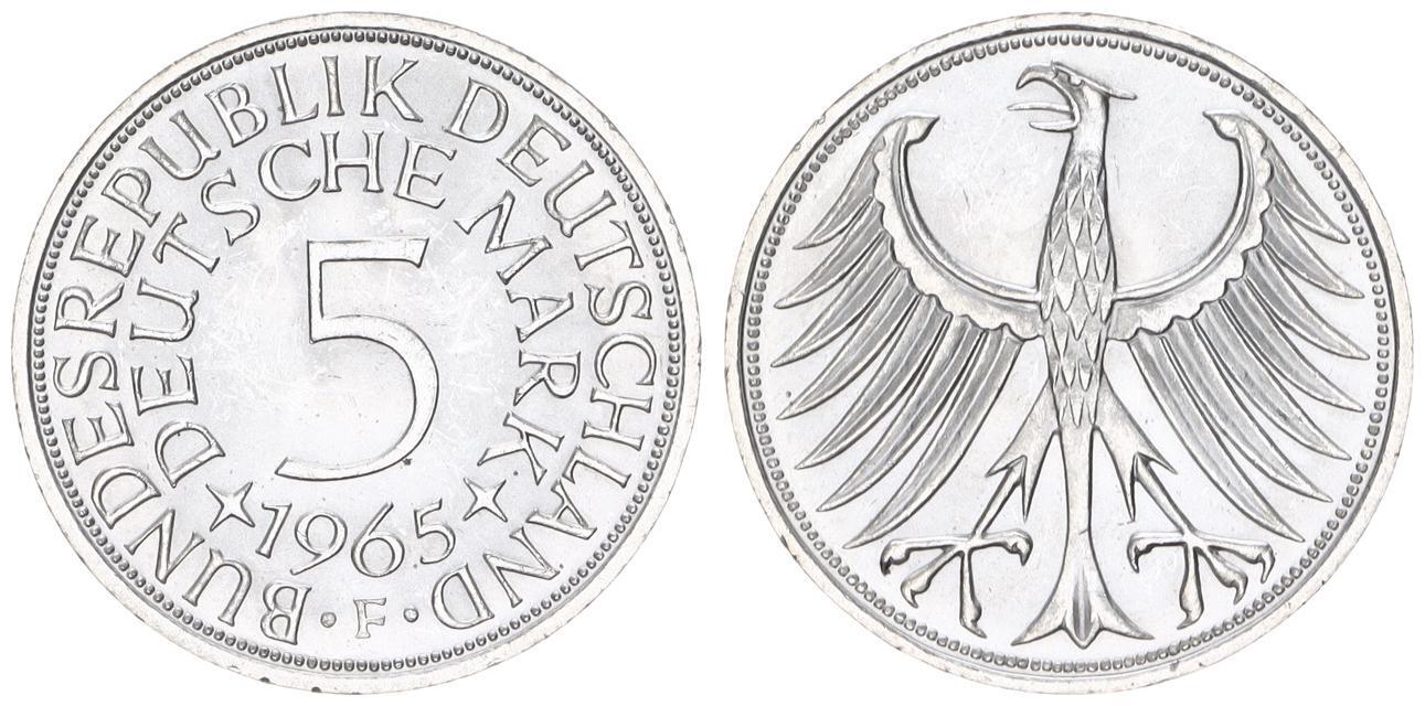 Deutschland 5 DM J 387 Silber Kursmünze 1965 F fast Stempelglanz MA Shops