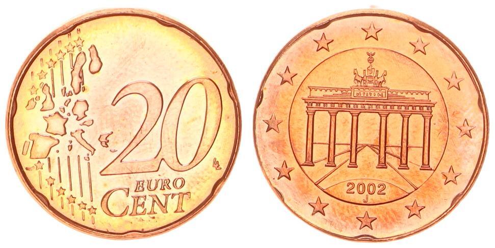 Deutschland 20 Cent 2002 J Fehlprägung geprägt auf magnetischen 5 Cent