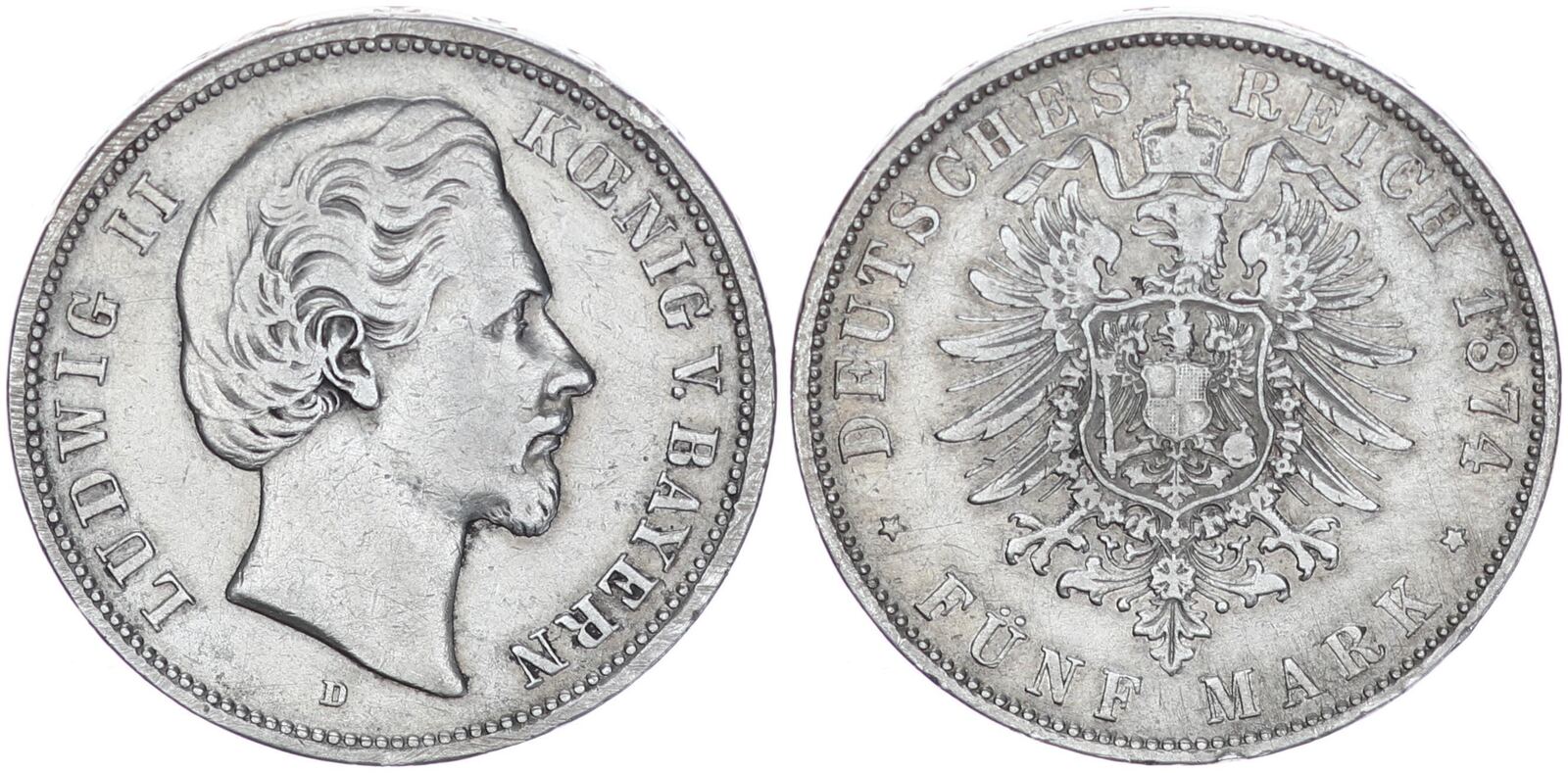 Deutsches Kaiserreich Bayern 5 Mark 1874 D 5 Reichsmark Ludwig II 2