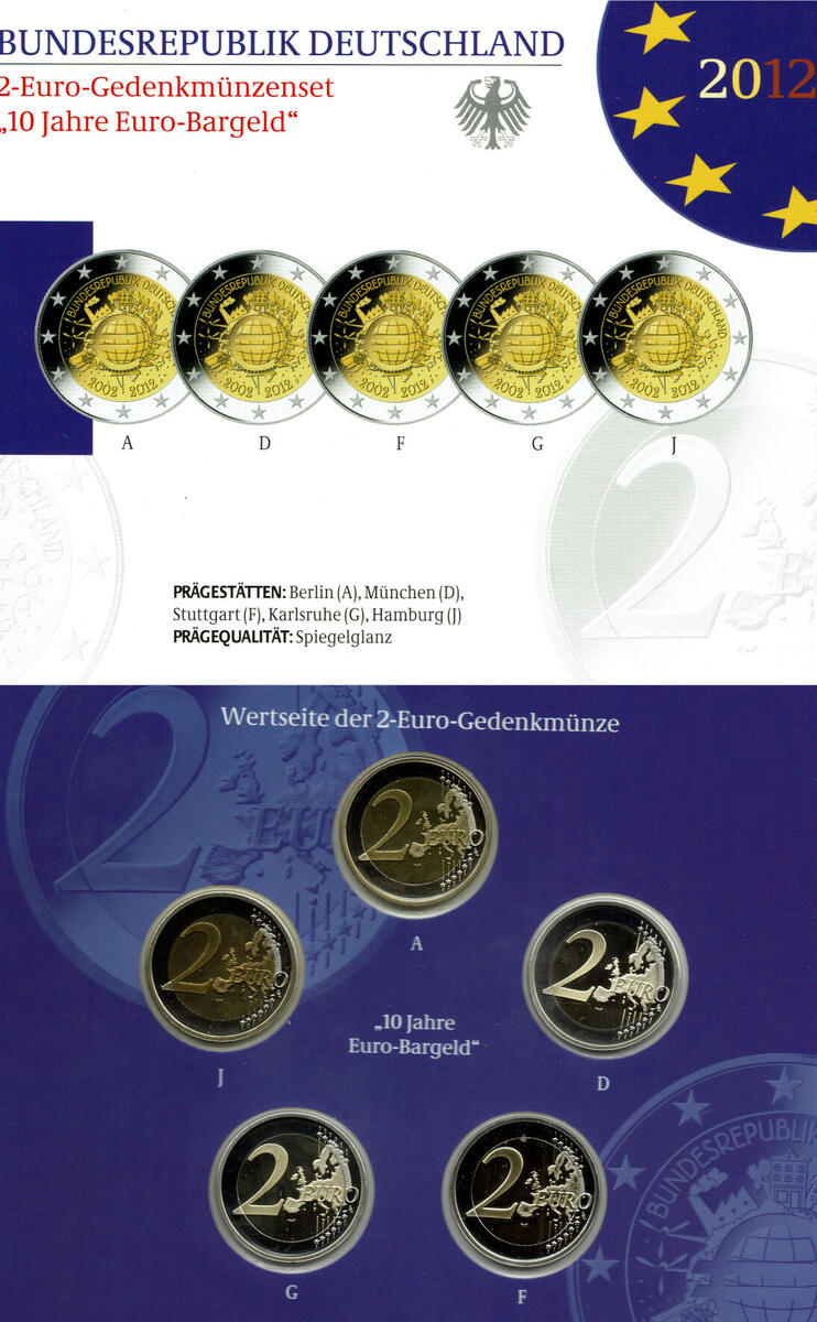 Deutschland 5 x 2 Euro 2012 A J Kompletter Satz 2 Euro Gedenkmünzen