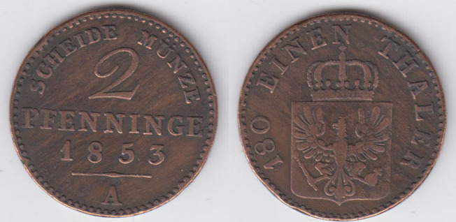 Preußen 2 Pfennig Friedrich Wilhelm IV Kursmünze 2 Pfenninge 1853 A