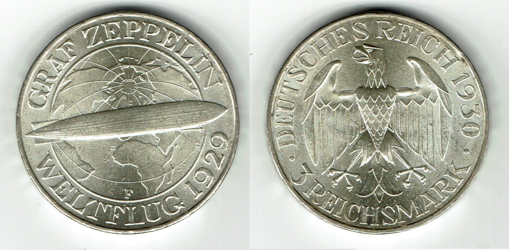 Weimarer Republik 3 Mark Silber Gedenkmünze 1930 F Luftschiff Graf