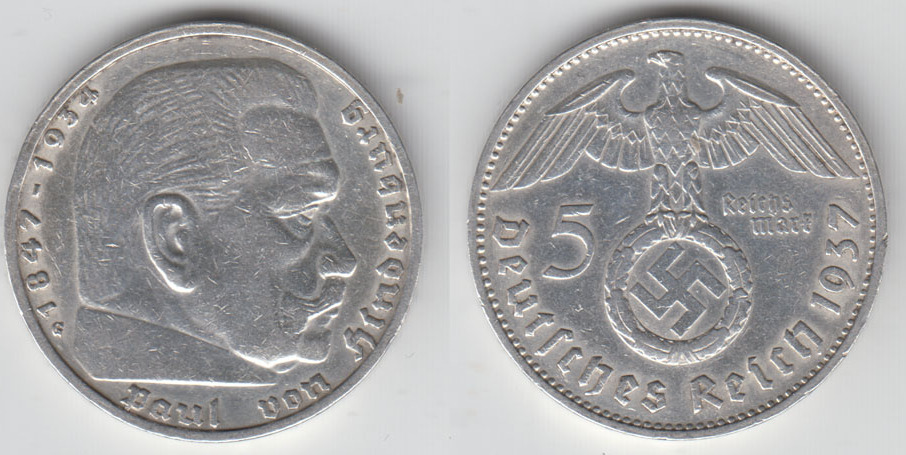 Drittes Reich 5 Reichsmark 1937 G Hindenburg Mit HK Erhaltung Siehe