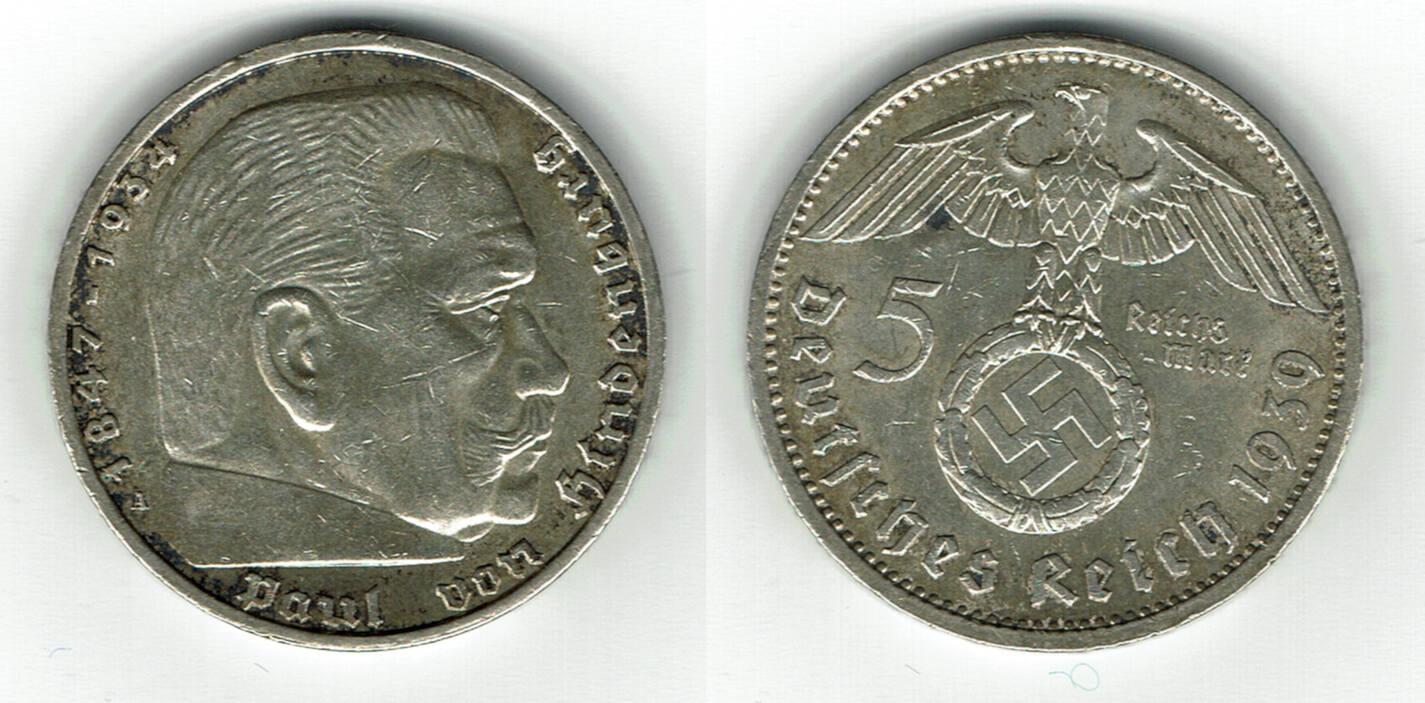 Drittes Reich 5 Reichsmark 1939 A Hindenburg Mit HK Erhaltung Siehe