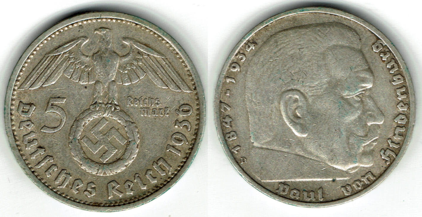 Drittes Reich 5 Reichsmark 1936 D Hindenburg Mit HK 13 89 G 900er