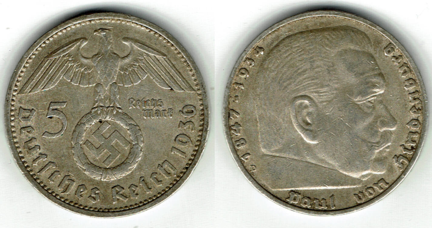 Drittes Reich 5 Reichsmark 1936 D Hindenburg Mit HK 13 89 G 900er