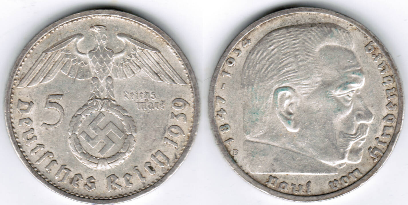 Drittes Reich 5 Reichsmark 1939 B Hindenburg Mit HK 13 89 G 900er