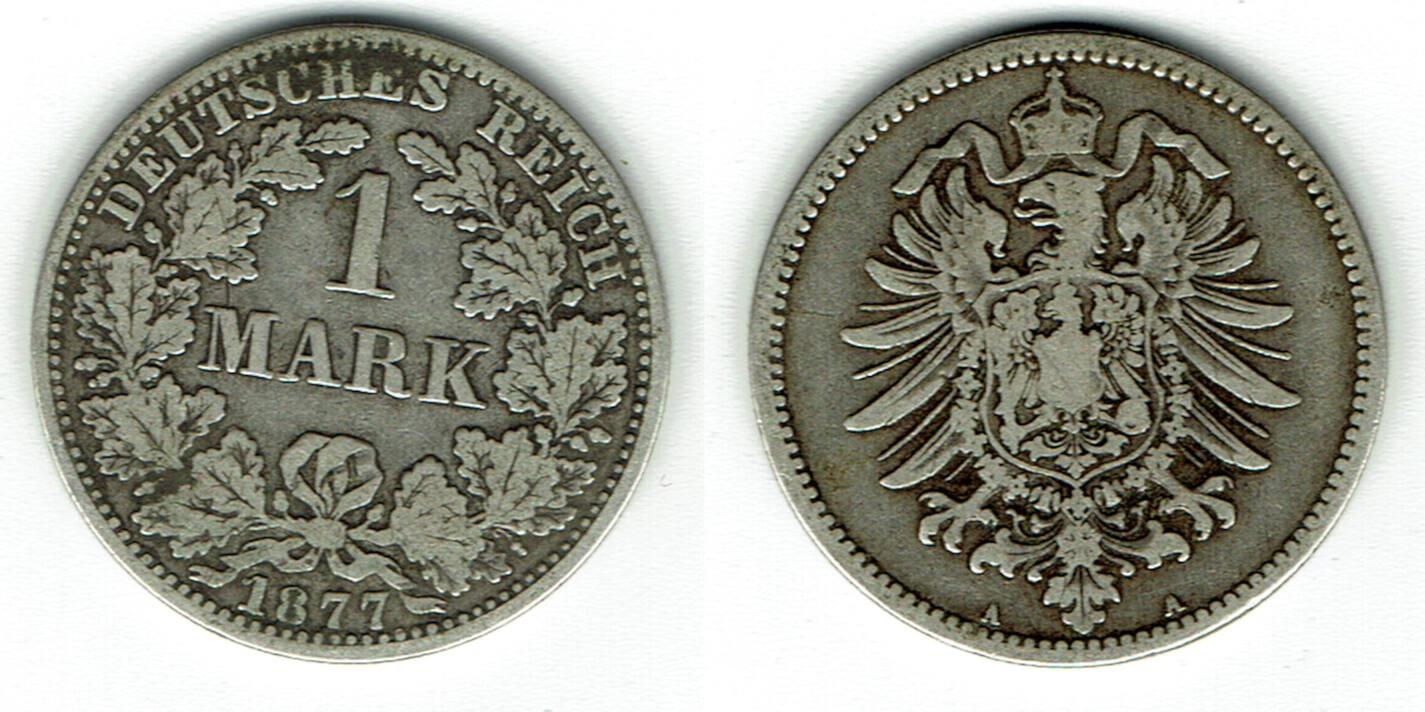 Kaiserreich Kursmünze 1 Mark 1877 A 900er Silber Erhaltung siehe