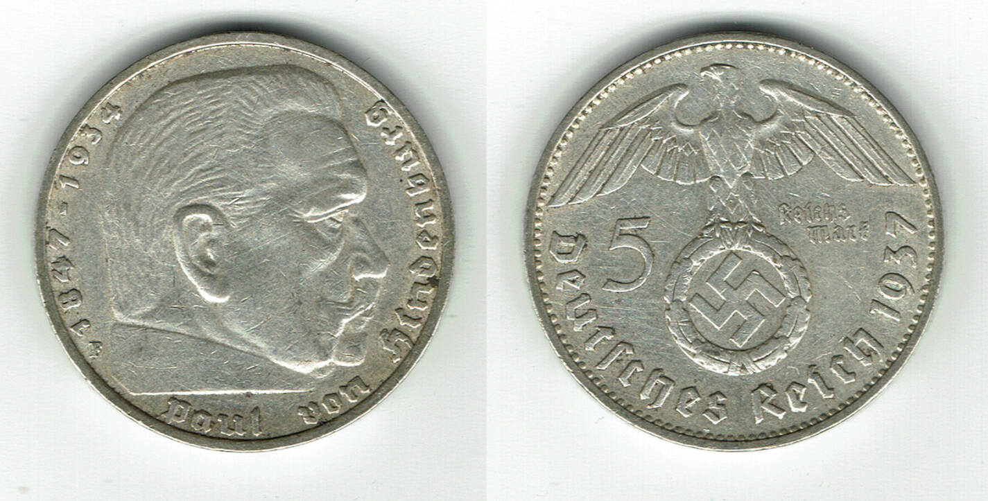 Drittes Reich 5 Reichsmark 1937 F Hindenburg Mit HK 13 89 G 900er