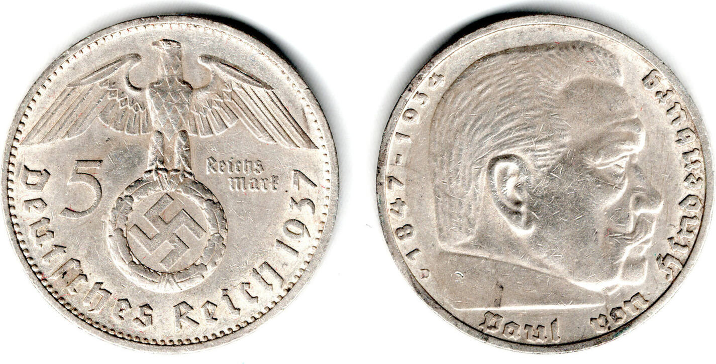 Drittes Reich 5 Reichsmark 1937 D Hindenburg Mit HK 13 89 G 900er