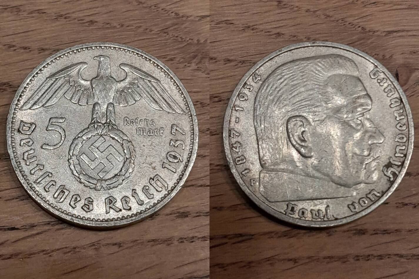 Drittes Reich 5 Reichsmark 1937 F Hindenburg Mit HK 13 89 G 900er