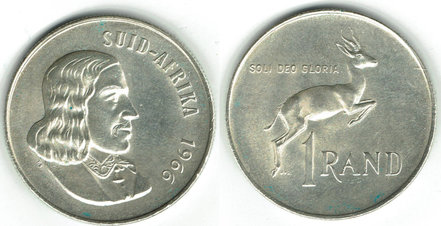 1966 Südafrika Kursmünze 1 Rand Silber Jan van Riebeeck Springbock