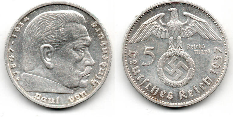 Drittes Reich 5 Reichsmark 1937 G Hindenburg Mit HK 13 89 G 900er