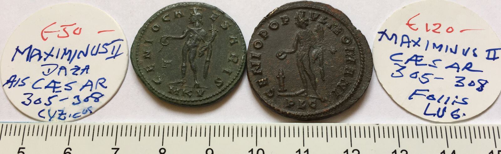 ROMAN EMPIRE Group of 2 Æ Folles 305 309 A D Maximinus II Daia as