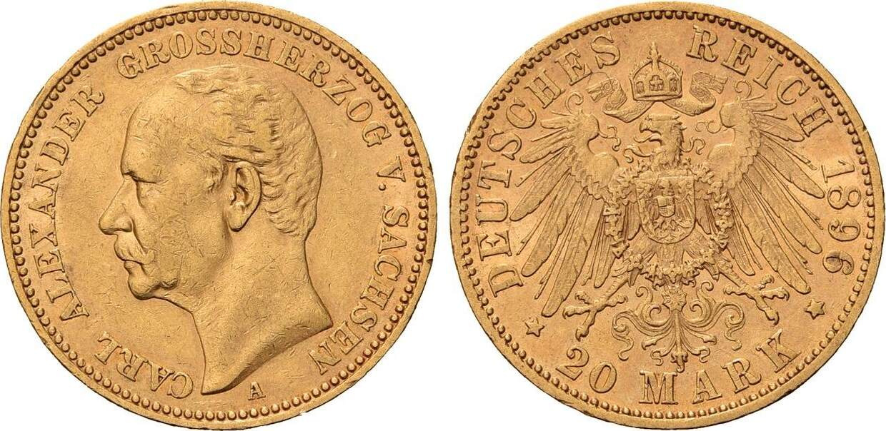 REICHSGOLDMÜNZEN 20 Mark 1896 A Berlin Carl Alexander 1853 1901