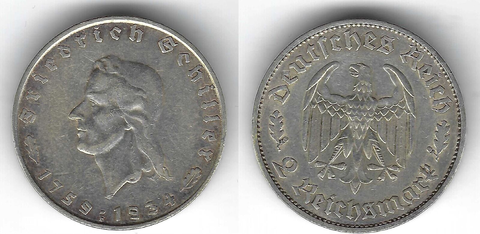 Allemagne Germany Deutschland 2 Reichsmark 1934 F F V Schiller SS