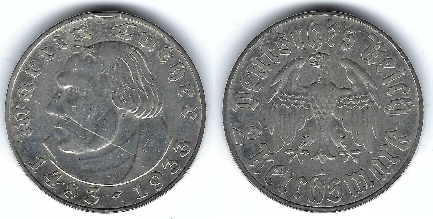 Allemagne Germany Deutschland 2 Reichsmark 1933 A Martin Luther SS