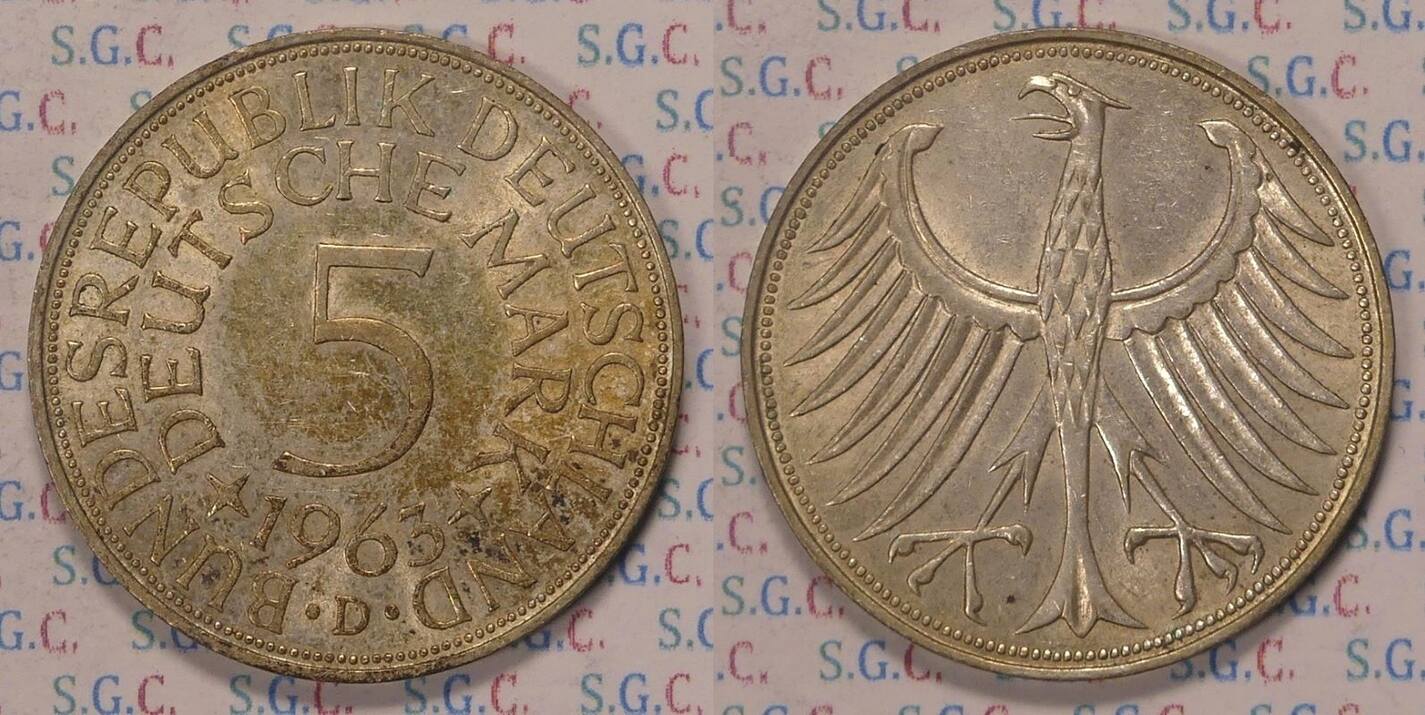 Bundesrepublik Deutschland 5 DM Silberadler 1963 D Fast Stgl Mit