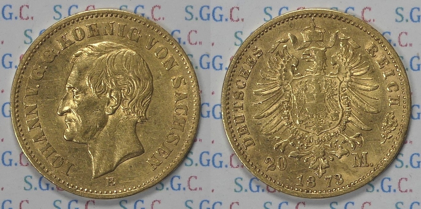 Kaiserreich Sachsen 20 Mk Gold 1873 E grosse Buchstaben König Johann