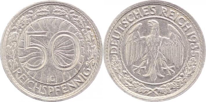 Weimarer Republik 50 Reichspfennig 1935 G vorzüglich MA Shops