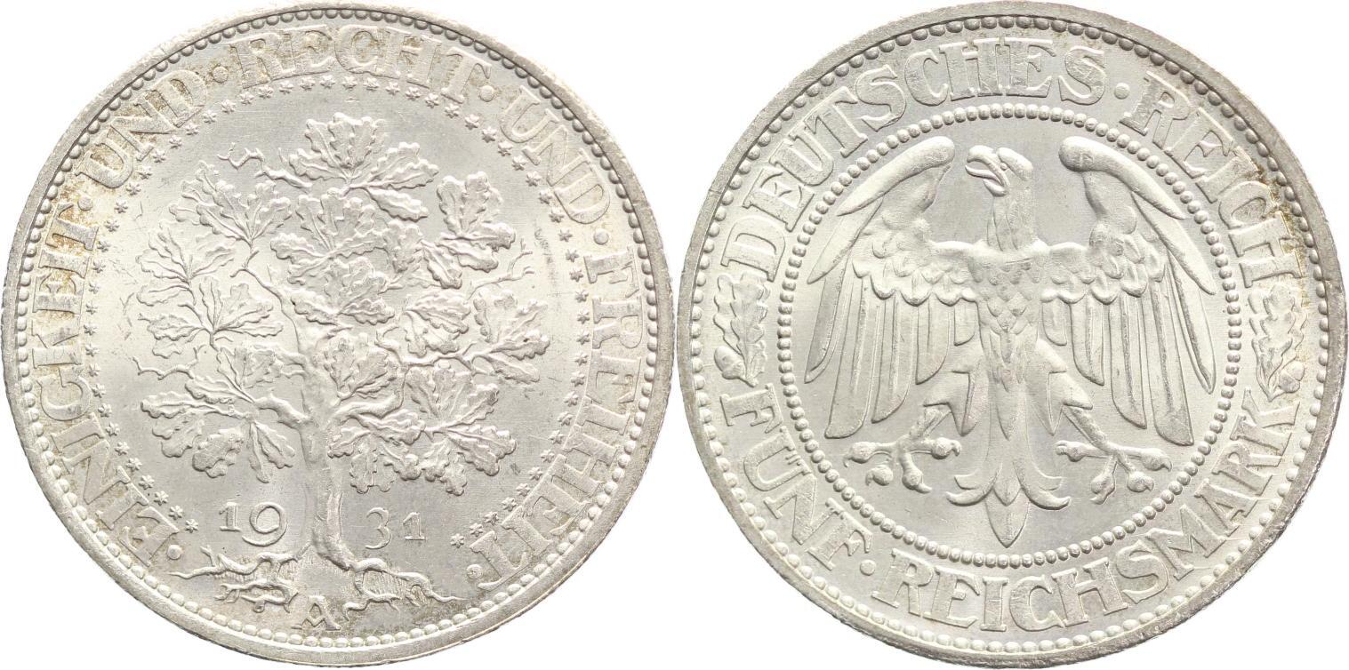 Weimarer Republik 5 Reichsmark 1931 A Stempelglanz MA Shops