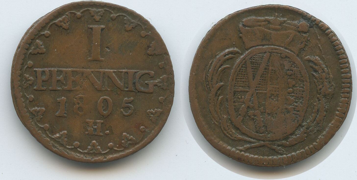 Sachsen Albertinische Linie 1 Pfennig 1805 H G14057 Friedrich August