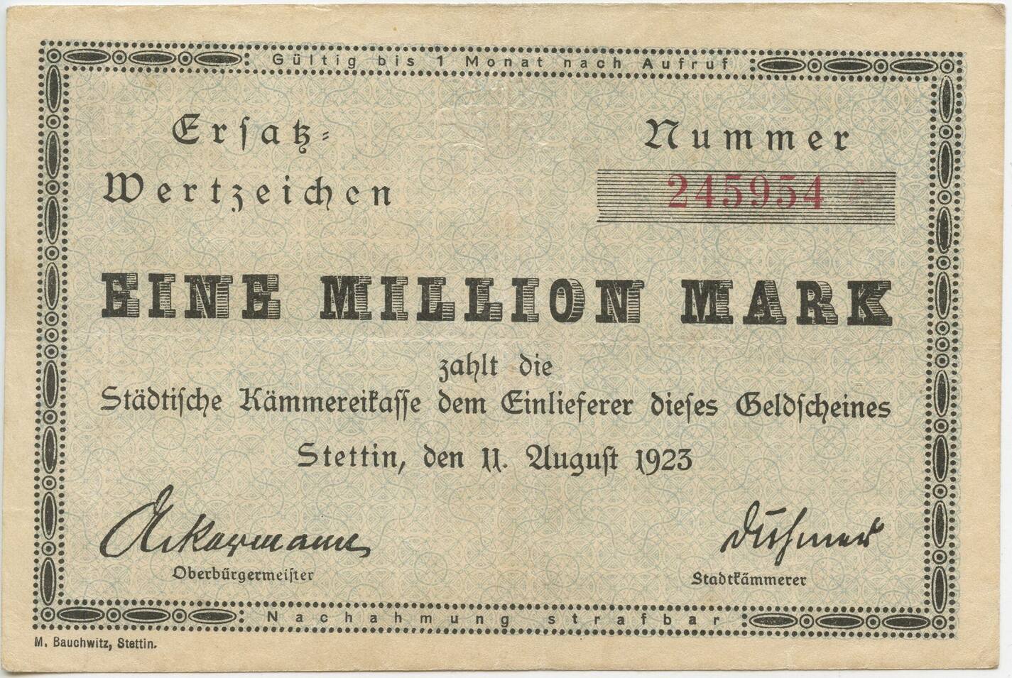 Deutsches Reich Stettin Million Mark Banknote Gb Ersatz