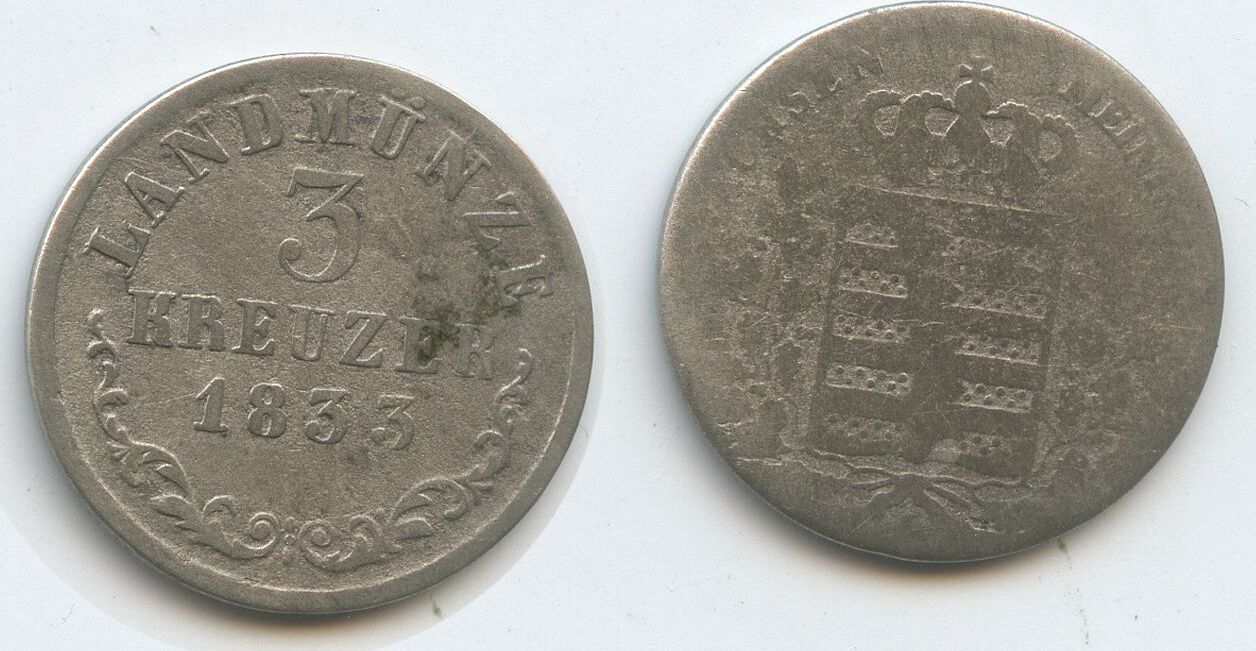 Sachsen Meiningen 3 Kreuzer 1833 H1258 Bernhard II Erich Freund 1806