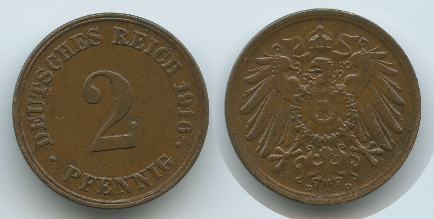 Deutsches Reich Kaiserreich 2 Pfennig 1916 D München G10608 Wilhelm