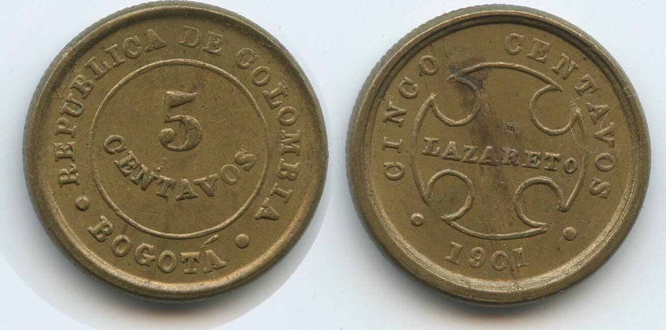 Kolumbien Lepra Kolonie 5 Centavos Leprosarium Coinage 1901 B Bogota