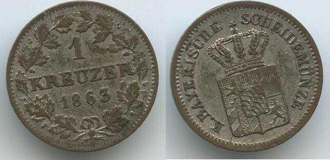 Bayern Königreich 1 Kreuzer Silber 1863 G14265 Maximilian II Joseph