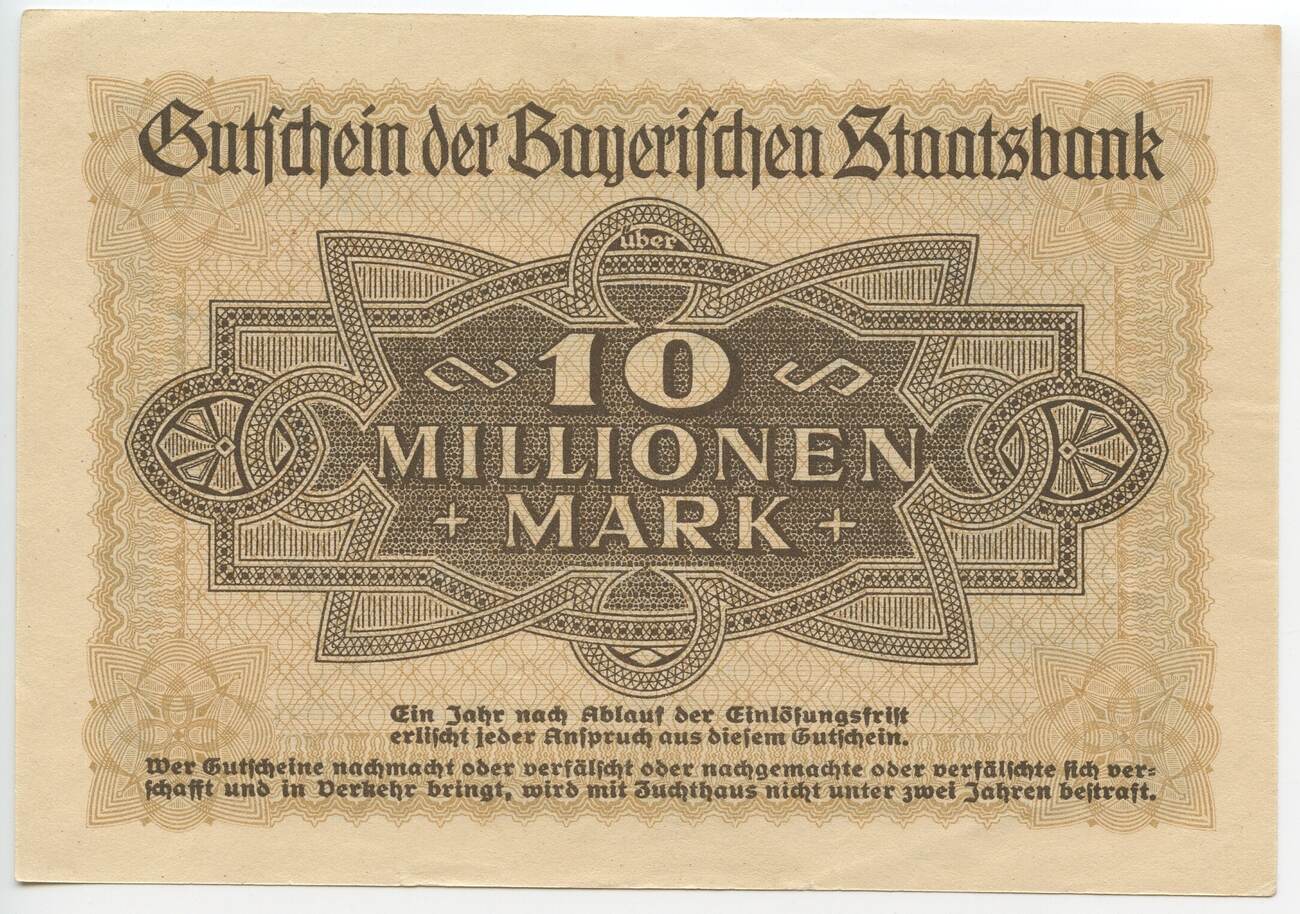 Deutsches Reich Weimar Bayern Zehn Millionen Mark Banknote Inflation